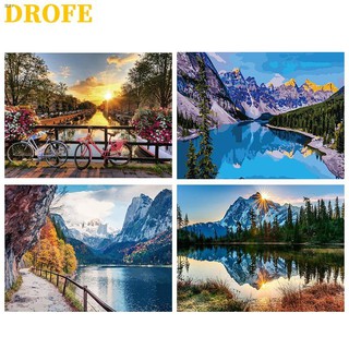 DROFE 【ขนาด : 50X40 ซม】~ทิวทัศน์ธรรมชาติ~ พร้อมส่งภาพระบายสีตามตัวเลขของขวัญDIYพร้อมขึงเฟรมไม้ / paint by number บ้าน