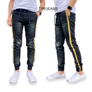 สินค้า JEANSEXPRESS Jogger Jeans กางเกงจ๊อกเกอร์ขาจั้มเอวยางมีเชือกเป้าซิป ผ้ายืด สีดำสนิม แถบข้าง งานตัดเย็บอย่างดี Size 28-36