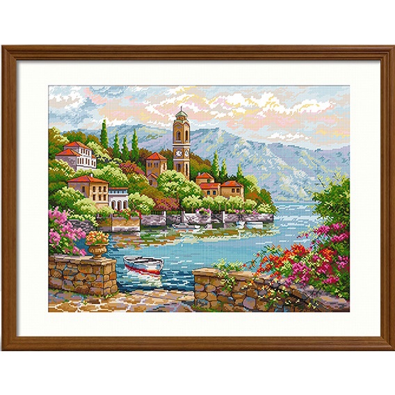 ชุดปักครอสติชพิมพ์ลาย-ริมทะเล-บึงบัว-วิว-ทิวทัศน์-seaside-landscape-cross-stitch-kit