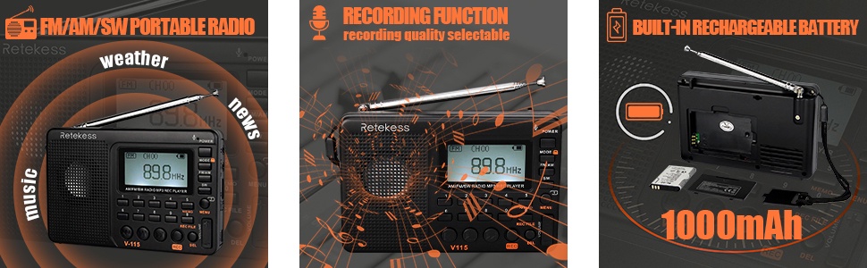 ภาพประกอบของ Retekess V115 วิทยุ แบบพกพา AM FM พร้อมวิทยุคลื่นสั้น เครื่องเล่น MP3 รองรับ Micro SD TF การ์ด ตั้งเวลาปิดได้