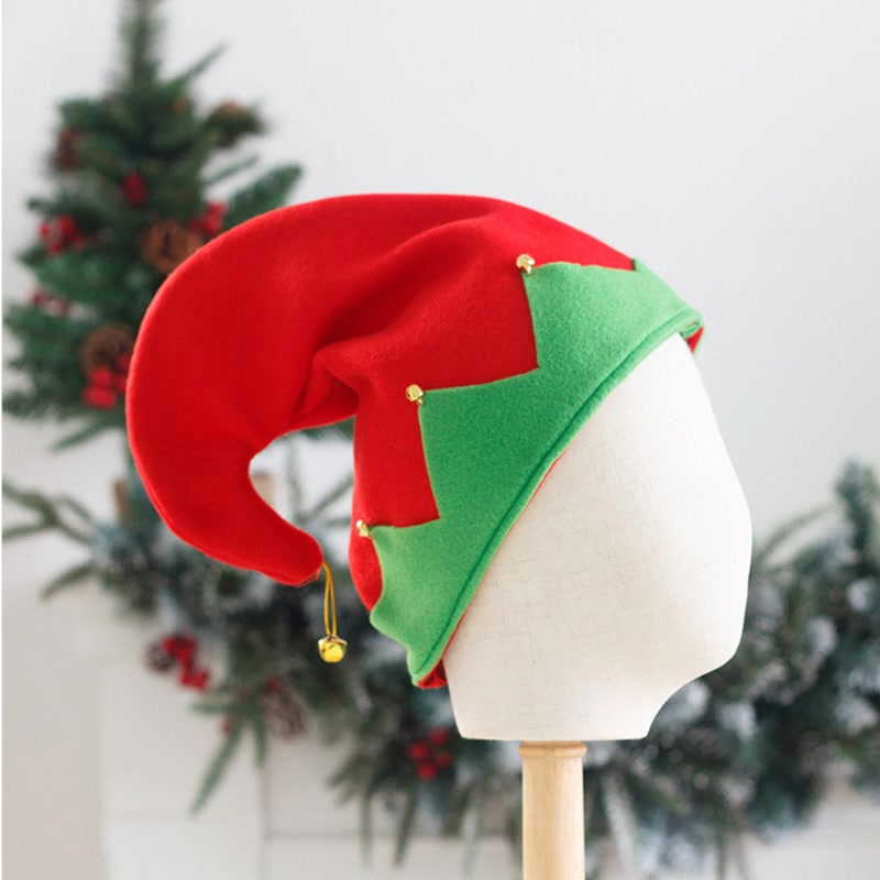 blala-หมวกเอลฟ์-ผ้ากํามะหยี่ขนนิ่ม-ประดับกระดิ่งโลหะ-สีตัดกัน-สําหรับคริสต์มาส-ซานต้า