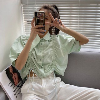 🚀ความนิยมล่าสุด Design niche short drawstring pleated top women summer 2020 new Korean fashion Loose short-sleeve shirt