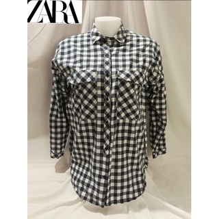 Zara Brand_2nd Hand (BK1) เสื้อเชิ้ตแขนยาว​ 3 ส่วนผ้าฝ้าย​ 💯%/ Size XS/ Made in MOROCCO 🇲🇦 / แท้มือสองกระสอบนำเข้า​to