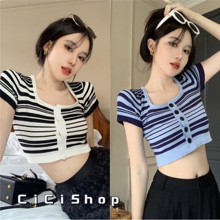 Cicishop(S666)CropTop เสื้อครอปไหมพรมคอเหลี่ยมทอลายทาง น่ารักคิ้วท์ๆสไตล์เกาหลี