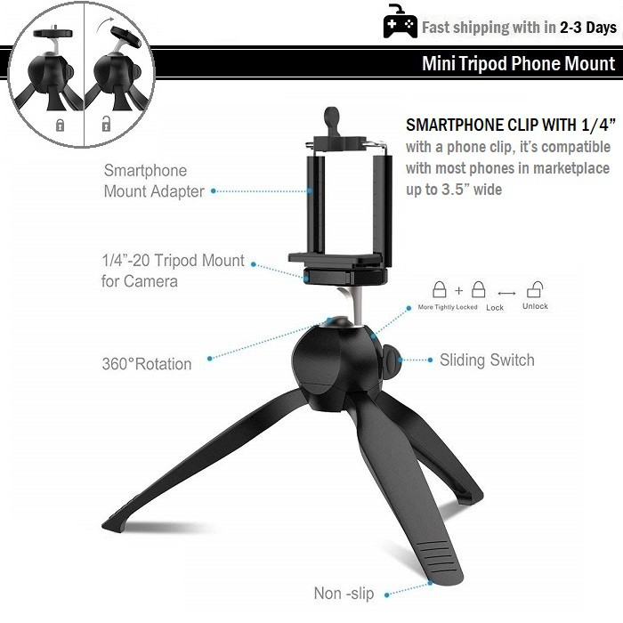 ภาพหน้าปกสินค้าขาตั้งกล้อง GoPro, SJ Cam, Xiaomi พร้อมคลิปล็อค ขาตั้งมือถือ ขาตั้งเซลฟี่ สีดำ Black Mini Tripod Mount Phone Holder