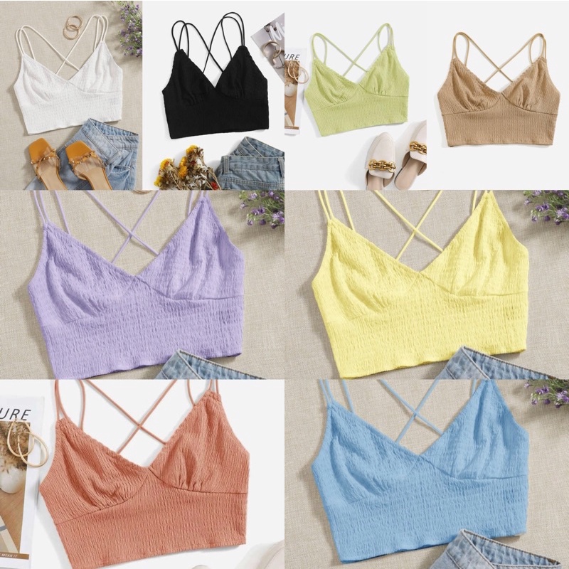 เสื้อครอป-แบรนด์-shein-สีพลาสเทล-รุ่น-crisscross-back-shirred-cami-too-สินค้าพร้อมส่งในไทย