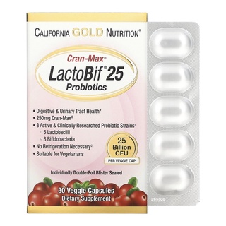 California Gold Nutrition LactoBif โพรไบโอติก Cran-Max 2.5 หมื่นล้าน CFU บรรจุแคปซูลผัก 30 แคปซูล