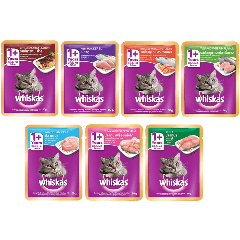 อาหารเปียกแมว WHISKAS แบบซอง - 80 กรัม (24 ซอง) - โภชนาการครบถ้วนและสมดุลสำหรับแมวทุกวัย - อาหารแมว ยี่ห้อไหนดี