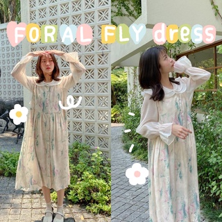 chuuchop_พร้อมส่ง(C7721) ➰💐 FORAL FLY dress เดรสยาวแขนกุดสีเบจลายกราฟฟิคผ้าซีฟอง