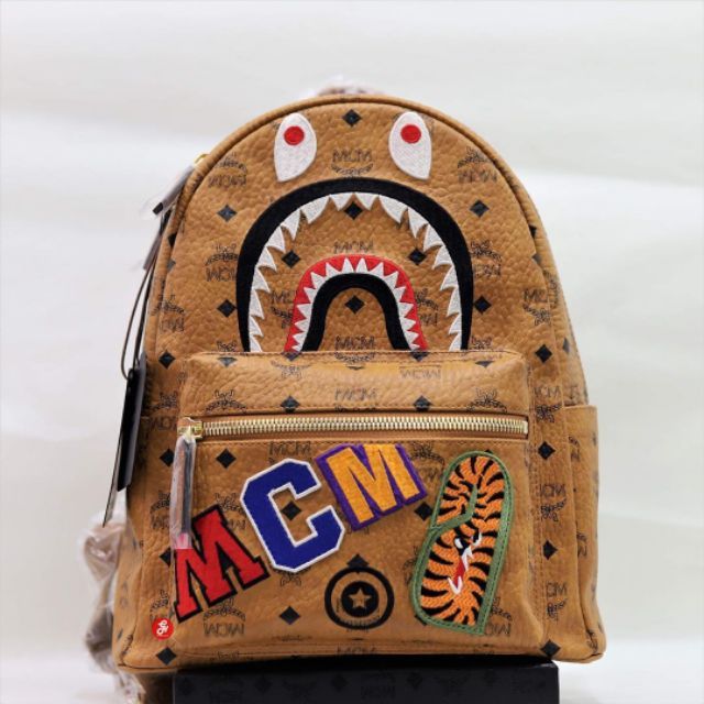 MCM x BAPE Shark Stark Backpack Visetos Cognac