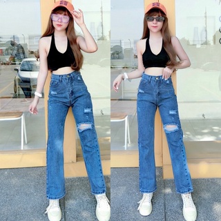 Cc jeans 183 กางเกงยีนส์ผู้หญิง ทรงกระบอก เอวสูง แต่งขาด