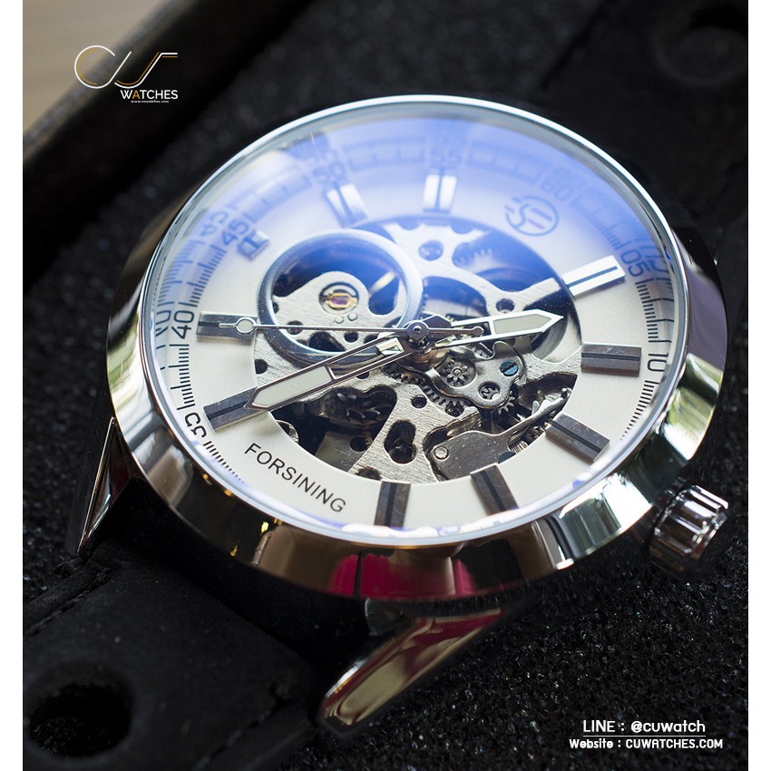 นาฬิกาข้อมือ-forsining-สายหนังดำ-เรือนเงิน-หน้าปัดขาว-รุ่น-fnl001