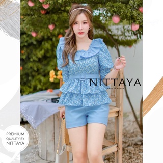 NITTAYA เซ็ตเสื้อฟ้าลายดอกแขนตุ๊กตามีกระดุมปลายแขน+กางเกงขาสั้นสีฟ้า