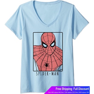 เสื้อยืดผ้าฝ้ายพิมพ์ลาย เสือยืดผู้ชาย เสื้อบอดี้โ Womens Marvel Spider-Man Far From Home Ornate Simple Poster V-Neck T-S