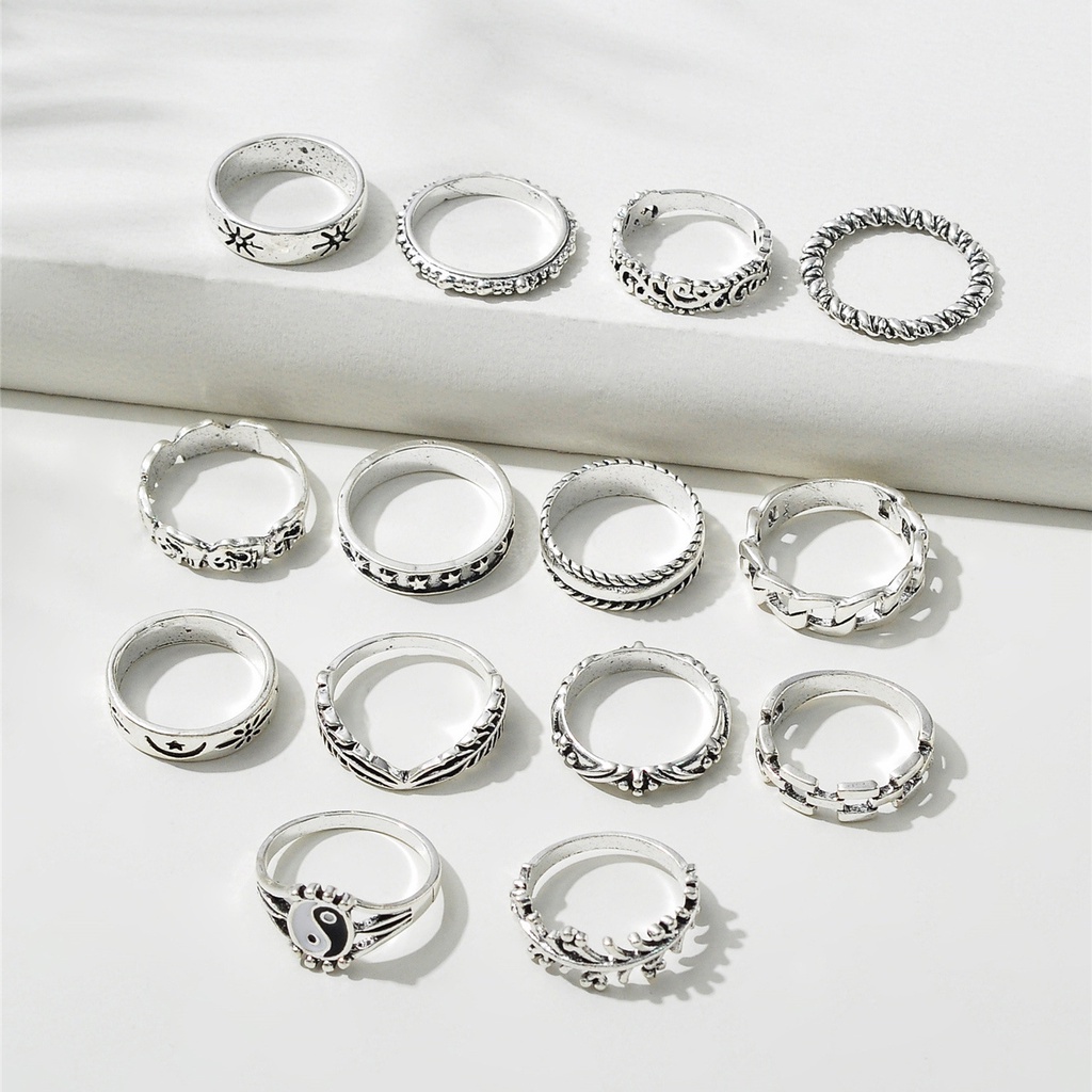 aoer-14ชิ้น-เซ็ต-ชุดแหวนไทเก็กเงินวินเทจสำหรับผู้หญิง