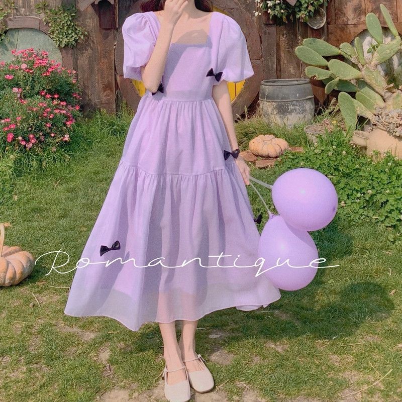hot-sale-ชุดเดรสแขนพัฟผีเสื้อสีบริสุทธิ์-หญิงออกแบบความรู้สึกฤดูร้อนใหม่สไตล์อ่อนโยนอารมณ์ชุดรักแรก