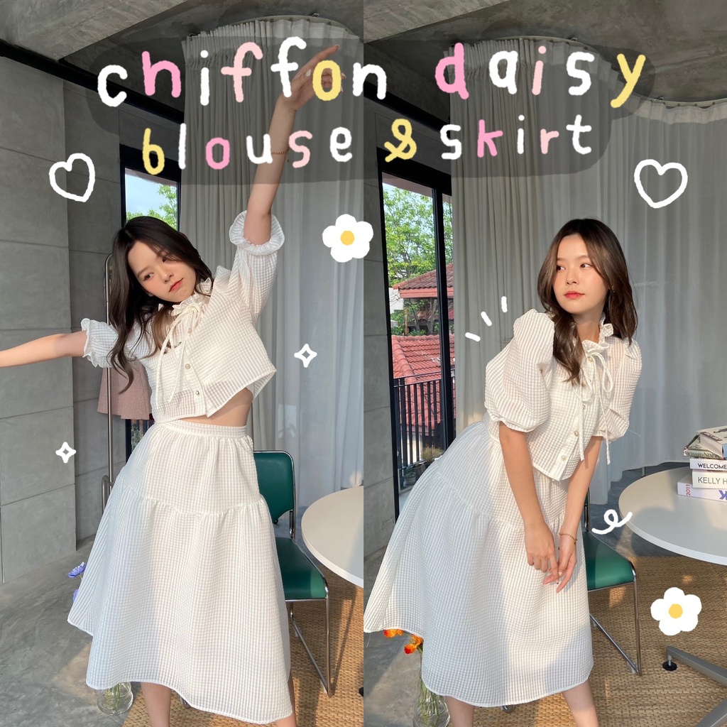 chuuchop-พร้อมส่ง-c7045-c7046-chiffon-daisy-blouse-amp-skirts-เสื้อแขนสั้น-amp-กระโปรงยาวสีขาวผ้าซีฟอง