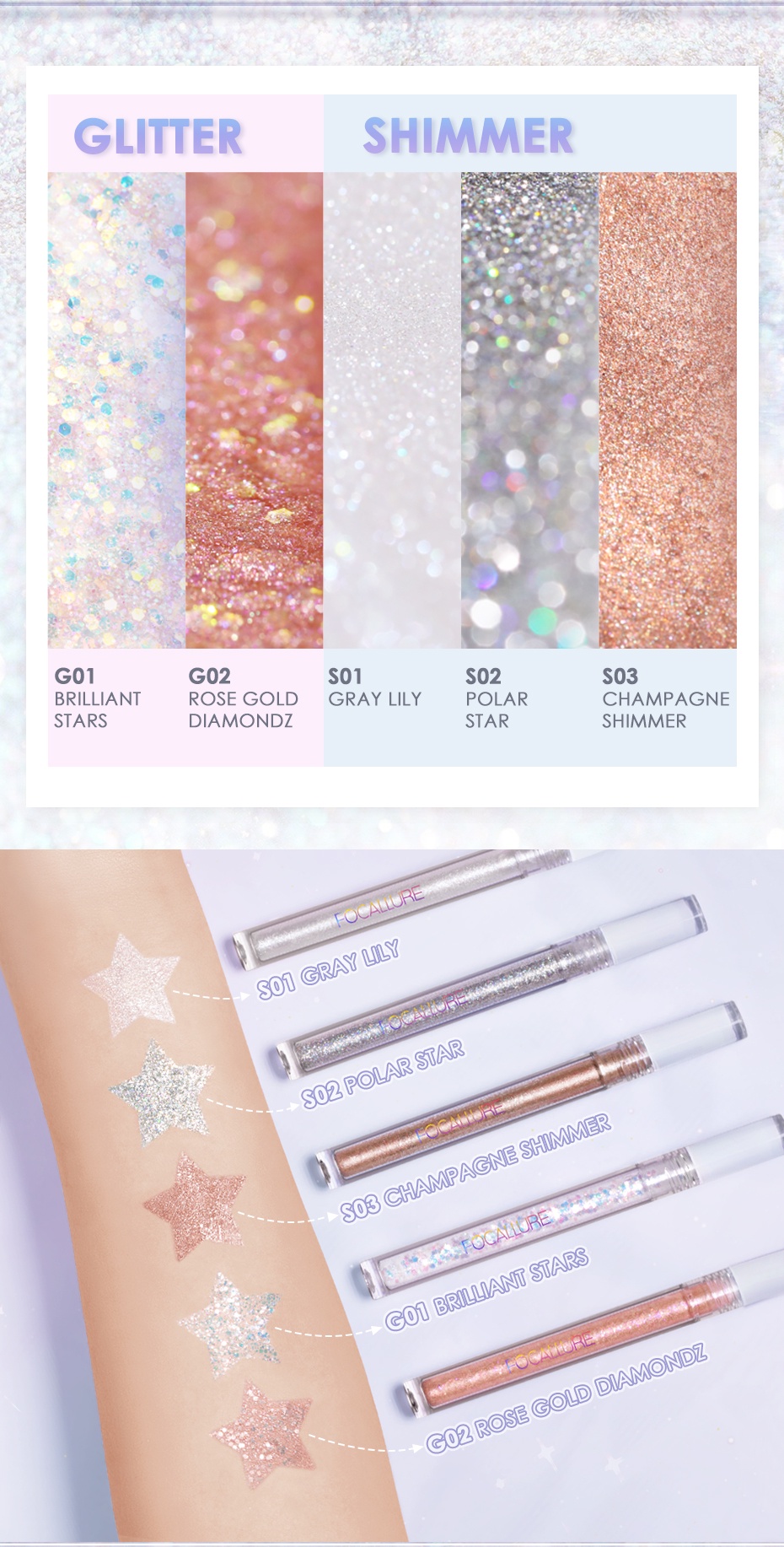 ข้อมูลเกี่ยวกับ Focallure Starlight อายแชโดว์ ชนิดน้ำ 5 สี กลิตเตอร์ อายชาโดว์ กันน้ำ