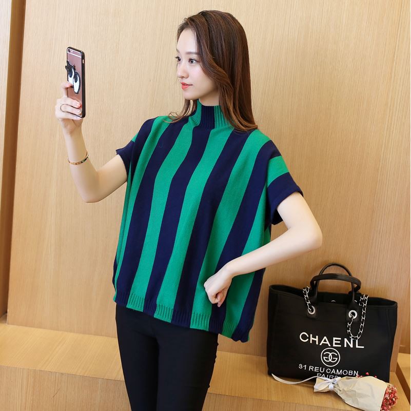 เสื้อไหมพรมคอเต่า-ลายริ้วใหญ่-แขนสั้น-ผ้าเนื้อนุ่มละมุนผิว-เสื้อคอปีน-แขนล้ำ