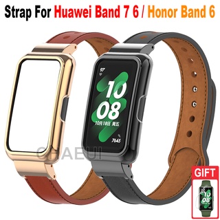 สายนาฬิกาข้อมือหนัง พร้อมเคส แบบเปลี่ยน สําหรับ Huawei Band 7 6 / Honor Band 6