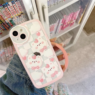 เคสโทรศัพท์มือถือ ซิลิโคน กันรอยกล้อง ลายดอกไม้ หมีสตรอเบอร์รี่ สีขาว พร้อมสายคล้องข้อมือ สําหรับ iPhone 13mini 11 12pro 678plus xsmax xr