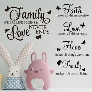 สติกเกอร์วอลล์เปเปอร์ ลายตัวอักษรภาษาอังกฤษ Faith Love Family สําหรับตกแต่งผนังห้องนอน และห้องนั่งเล่น