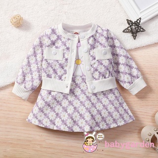 Babygarden-เสื้อโค้ทลายดอกไม้ + ชุดเดรสคอกลมแขนกุดเอวสูง + เดรสทรงเอ + เสื้อคาร์ดิแกนสีม่วง / ชมพู