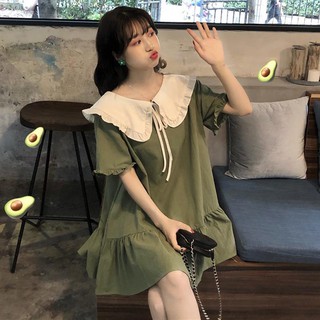 🔥Hot Sale👗 2019 ฤดูร้อนใหม่เวอร์ชั่นเกาหลีของอะโวคาโดสีเขียวหลวมน่ารักชุดนักเรียนตุ๊กตาคอหญิงกระโปรงแขนสั้น