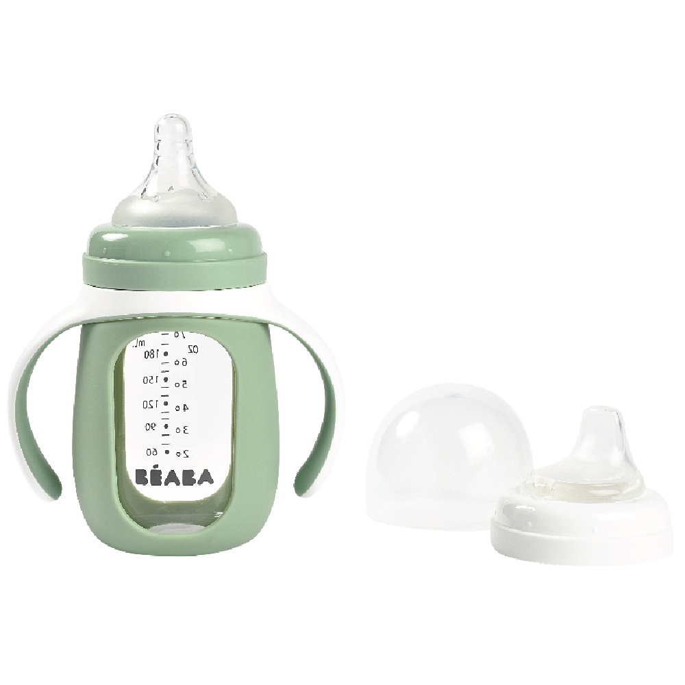 beaba-ถ้วยหัดดื่ม-2-in-1-glass-learning-bottle-210-ml-with-silicone-protective-sleeve-210-ml-frosty-green