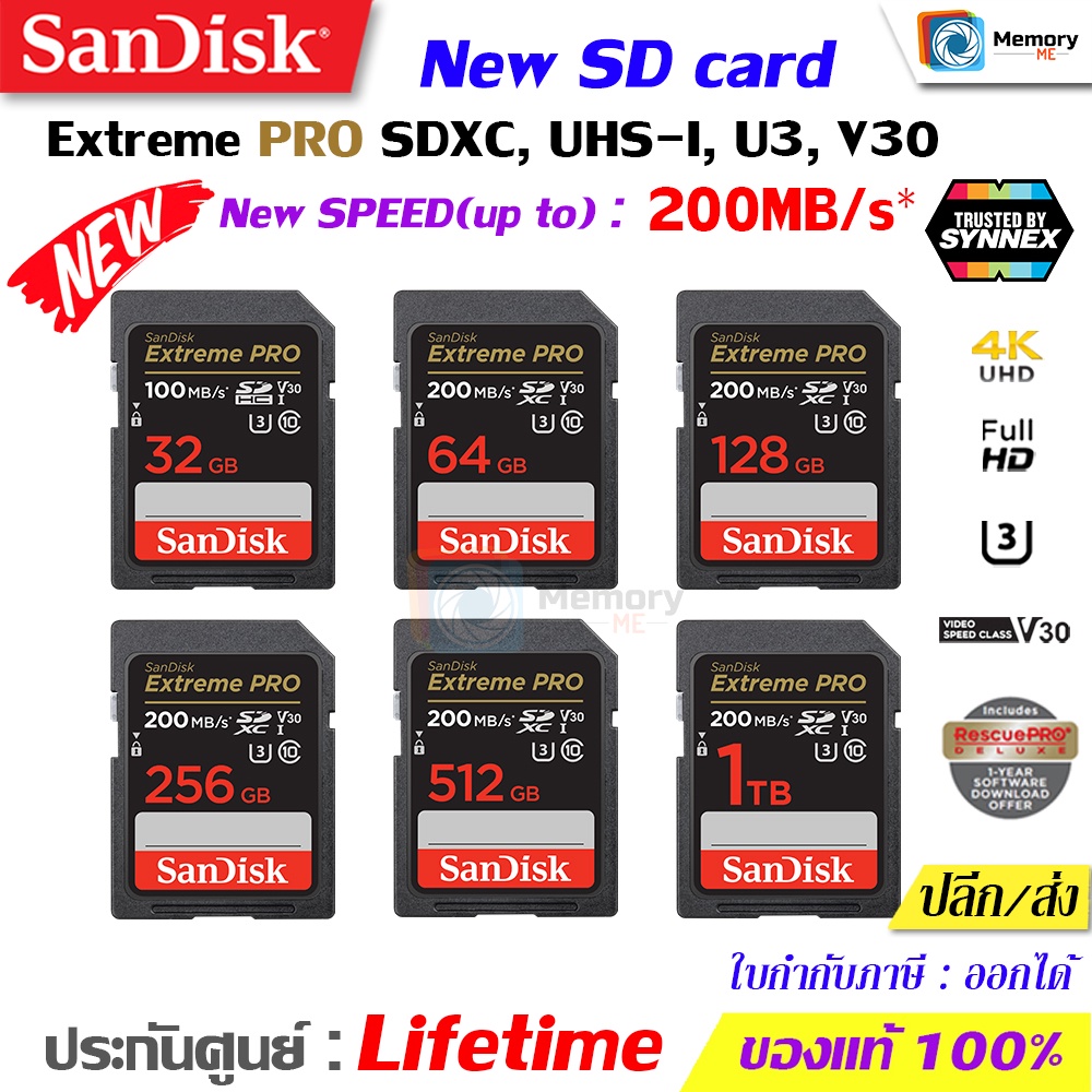 ภาพหน้าปกสินค้าSANDISK New SD card ExtremePRO 32GB/64GB/128GB/256GB U3, SDSDXXD เมมโมรี่การ์ด memory card กล้องDSLR,mirrorless จากร้าน memoryme_official_shop บน Shopee