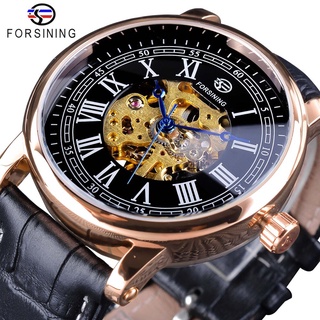 Forsining Fashion Blue Hands Design Rose Golden Clock Mens Automatic Watches Top Brand Luxury Black Genuine Leather Bel