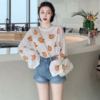 🍊🍊 NEWWWW 🍊🍊 -งานนำเข้า พร้อมส่ง- เสื้อแขนยาวผ้าไยไหมพิมพ์ลายลูกส้ม Oversize