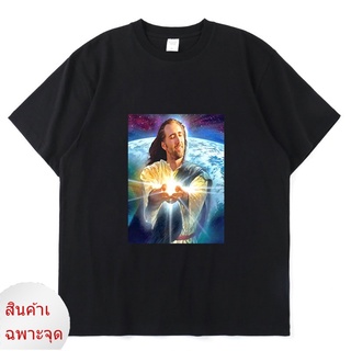 เสื้อยืดโอเวอร์ไซส์TSHIRTฝ้ายสินค้าใหม่ เสื้อแขนสั้น ผ้าฝ้าย พิมพ์ลาย Jesus Cage Nicolas Cage 2022 ทรงหลวม สไตล์ฮิปฮอป เ