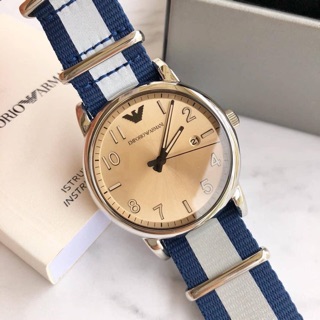 (ผ่อน0%) นาฬิกา ARMANI Luigi Quartz Beige Dial Mens Watch AR11212  สายสปอร์ต สีน้ำเงิน ตัวเรือนสีเงิน หน้าปัด Rosegold