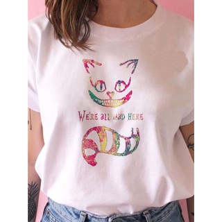 เสื้อยืด พิมพ์ลายแมวเชสเชียร์ดิสนีย์ Alice In Wonderland สวมใส่สบาย สีขาว สไตล์มินิมอล สําหรับผู้หญิง