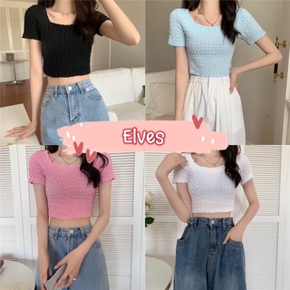 Elves✨พร้อมส่ง✨ เสื้อครอปไหมพรมแขนสั้น เบาหยักๆน่ารักคิ้วมาก ~7288~ -C