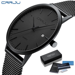 CRRJU Men Watch Black Stainless Steel Mesh Band Calendar Display Sports Waterproof Quartz Watch 2172