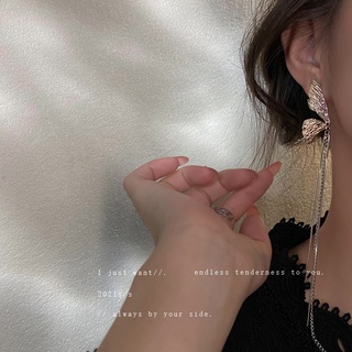 925 silver needle butterfly wings tassel retro earrings Korean long thin temperament earrings female style earrings for