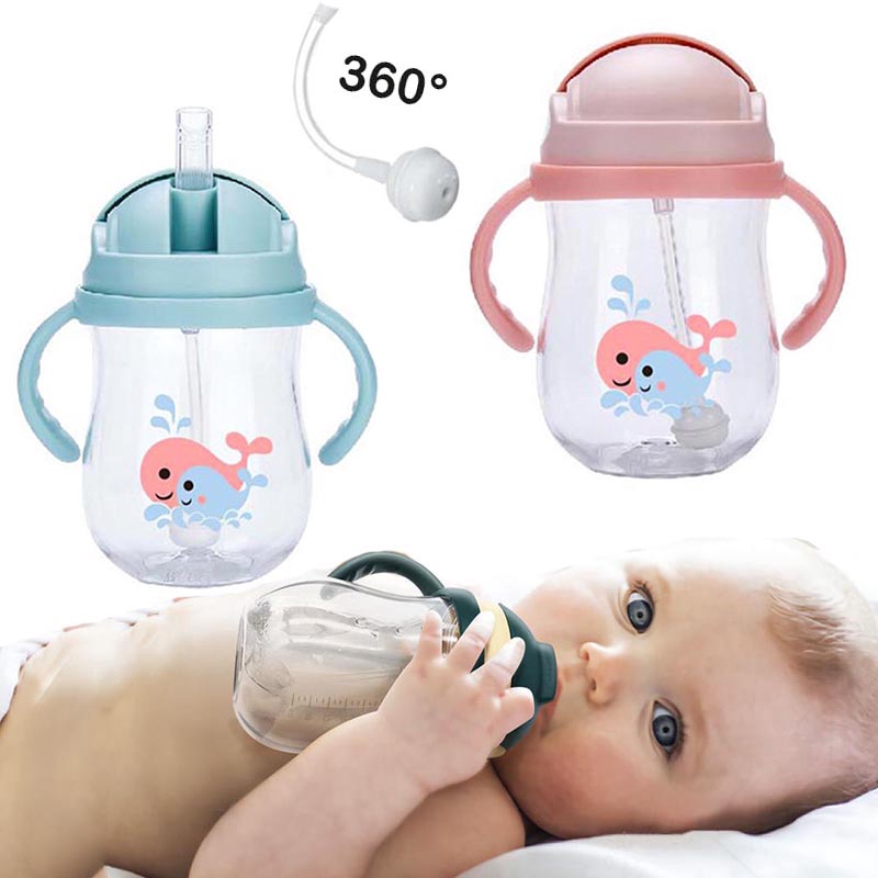 แก้วหัดดื่ม-ถ้วยหัดดื่ม-ฝาหลอดเด้ง-แก้วน้ำเด็กทารก-กันสำลัก-ขนาด-300-ml-นอนดูดได้
