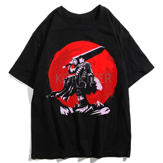 เสื้อยืดผ้าฝ้าย เสื้อยืดแขนสั้นพิมพ์ลายการ์ตูน Guts Berserk สีดําสไตล์ฮิปฮอปสําหรับผู้ชาย