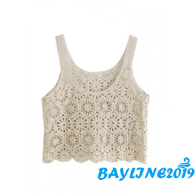 bay-เสื้อกล้ามถักโครเชต์สําหรับสตรีแขนกุดสีพื้นทรงหลวมสไตล์โบฮีเมียน