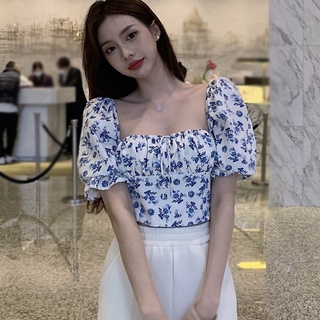 เสื้อแขนสั้นคอสี่เหลี่ยมพิมพ์ลายดอกไม้แบบผูกเชือกเข้ารูปแฟชั่นสตรี