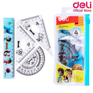 Deli G01503 Ruler Set Squares Protractor Transparent ชุดเรขาคณิต รวม 4 ชิ้น ไม้บรรทัด ชุดเรขาคณิต อุปกรณ์เครื่องเขียน