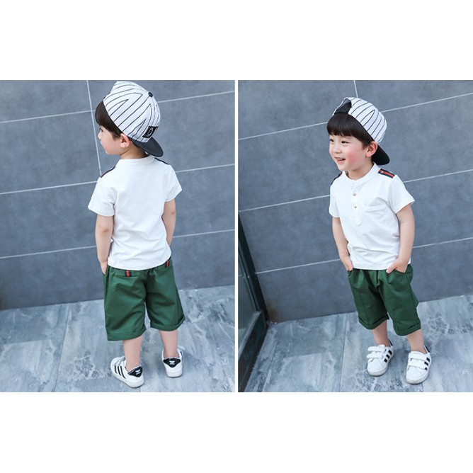 ชุดเด็กน่ารัก-ชุดทหารเด็กเสื้อคอเต่า-สีขาว-พร้อมกางเกง-สีเขียว