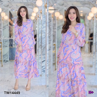 TW14449 เดรสยาว แขนยาวปลายแขนพอง งานมีซิปหลังยาวสวมใส่ง่าย กระโปรงเย็บต่อ3ชั้นจ้า มีสายผูกเอว ช่วงกระโปรงมีซับในไม่บาง