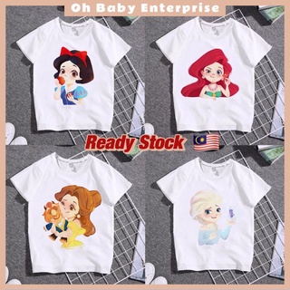 เสื้อยืด พิมพ์ลาย Disney Princess Puteri Baju Budak Snow White Elsa Frozen Mermaid Belle สําหรับเด็ก อายุ 1-8 ปี