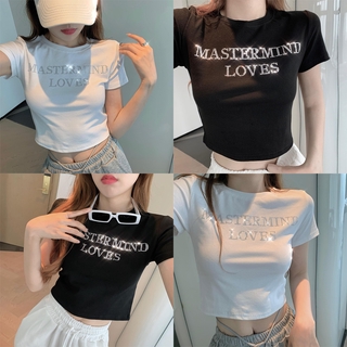 เสื้อครอปท็อป เอวสูง พิมพ์ลายตัวอักษร ประดับเพชร สีดํา สไตล์เกาหลี แฟชั่นสําหรับผู้หญิง
