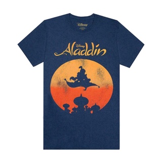 เสื้อยืดสีขาวเสื้อยืดแขนสั้น ผ้าฝ้าย พิมพ์ลาย Disney Aladdin Magic Carpet Silhouette สําหรับผู้ชายS-4XL