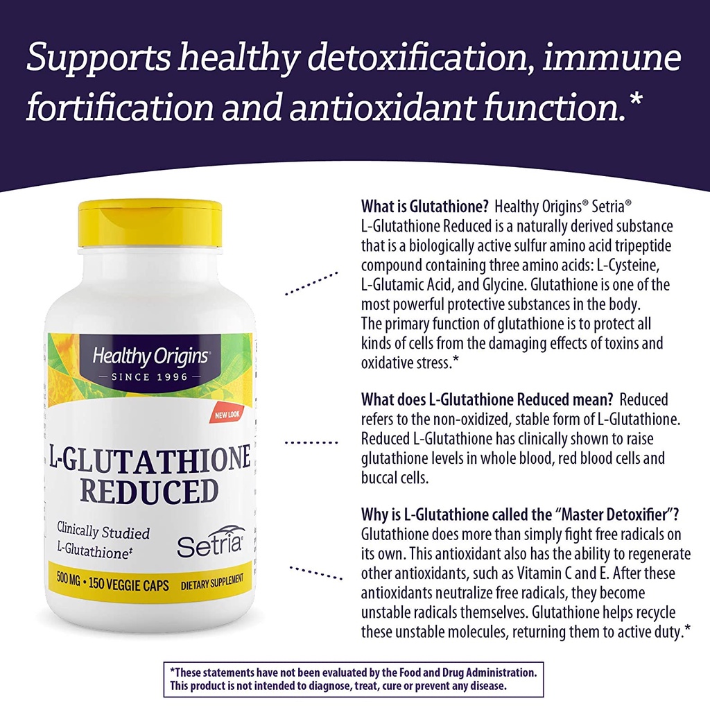 แอล - กลูตาไธโอน Setria L-Glutathione Reduced 500 mg 60 or 150 Veggie Caps  - Healthy Origins