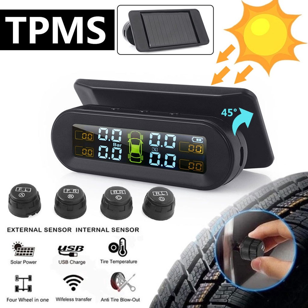 ภาพหน้าปกสินค้าWireless TPMS Solar Car Tyre Pressure Monitor System, with 4 external/internal sensors,temperature monitor System